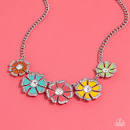 PLAYFUL POSIES - MULTI COLOR FLOWER RHINESTONE PETAL SILVER SHORT NECKLACE - PAPARAZZI JULY 2023