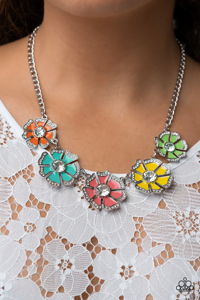 PLAYFUL POSIES - MULTI COLOR FLOWER RHINESTONE PETAL SILVER SHORT NECKLACE - PAPARAZZI JULY 2023