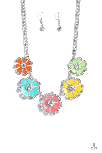 PLAYFUL POSIES - MULTI COLOR FLOWER RHINESTONE PETAL SILVER SHORT NECKLACE - PAPARAZZI JULY 2023