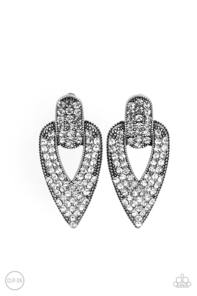 Blinged Out Buckles - White Paparazzi Clip-On Earrings