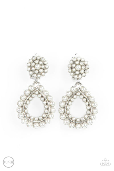 Discerning Droplets Clip-On - White Paparazzi Clip-On Earrings