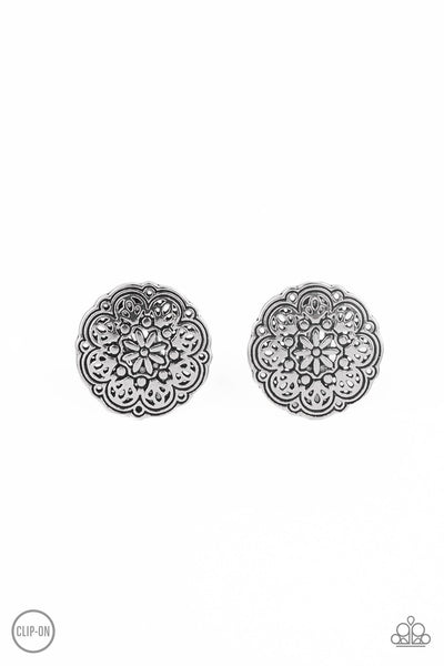 Mandala Mecca Silver Clip-On Earrings Paparazzi