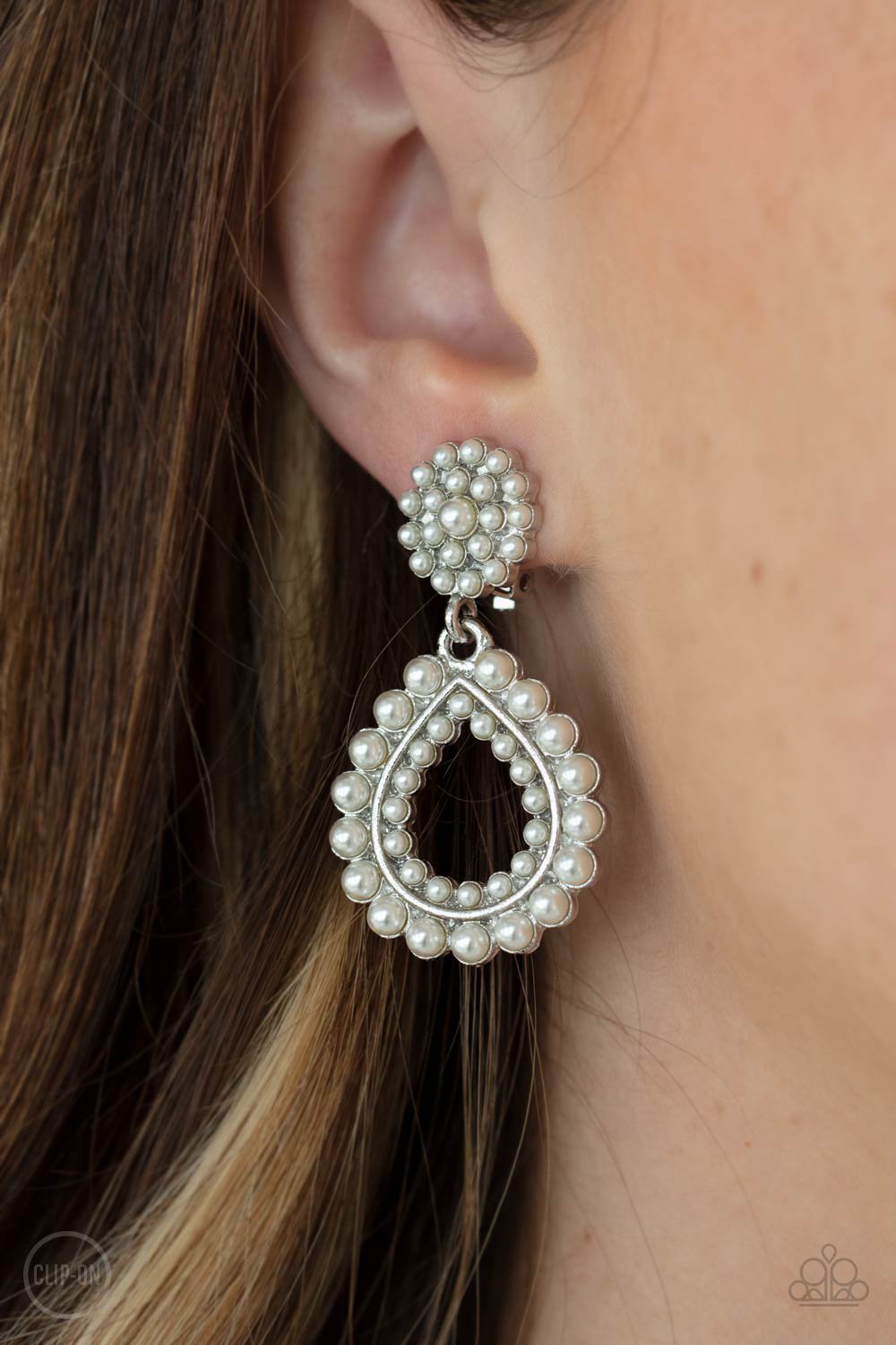 Discerning Droplets Clip-On - White Paparazzi Clip-On Earrings