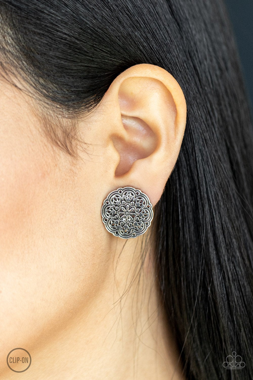 Mandala Mecca Silver Clip-On Earrings Paparazzi